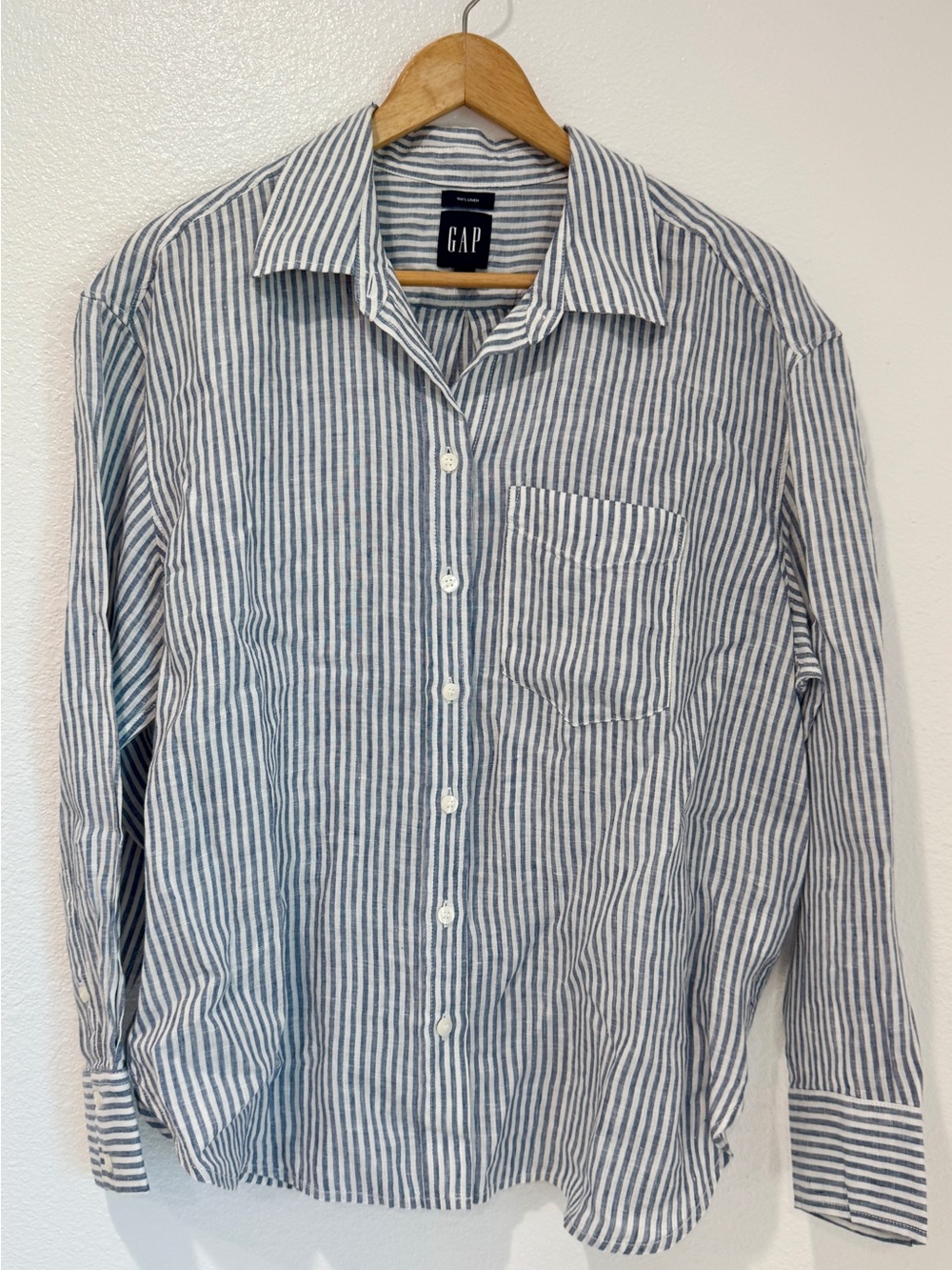 GAP Coastal Blue White Striped 100% Linen Oversized Button Down Shirt Top MP
